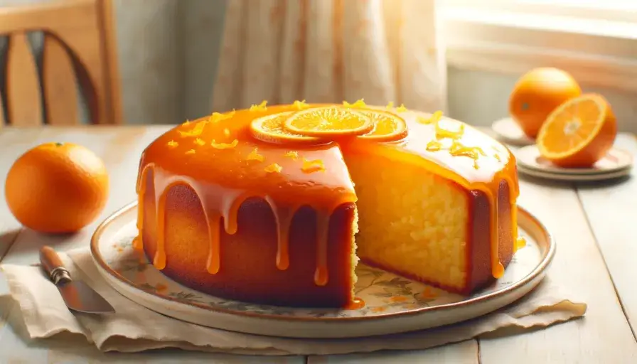 DALL·E-2023-11-04-17.07.56-Create-an-image-of-an-orange-cake-with-a-vibrant-orange-color-and-a-glistening-citrus-glaze-on-top.-The-cake-should-be-presented-as-a-single-layer-rou_4